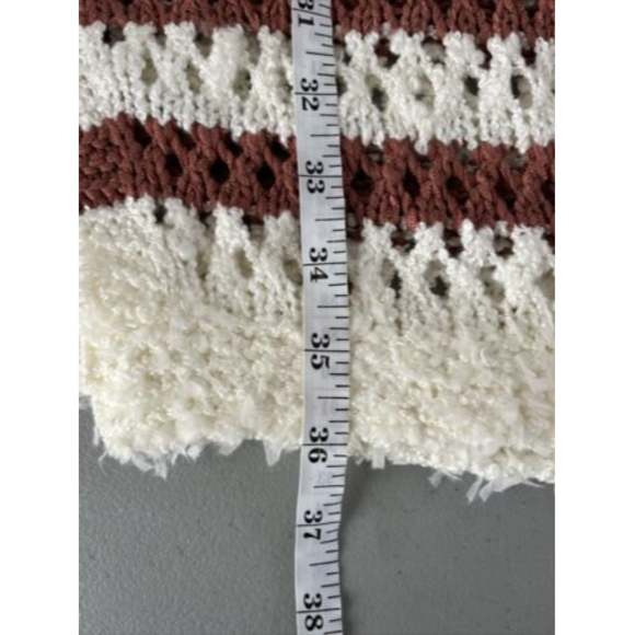 Moon River Striped Pointelle Crochet Open Front Knit Midi Cardigan - Picture 9 of 9